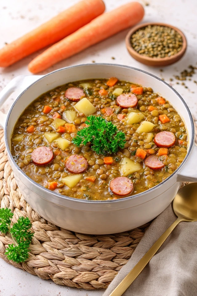 Herzhafte Linsensuppe mit Würstchen und Gemüse zubereiten
