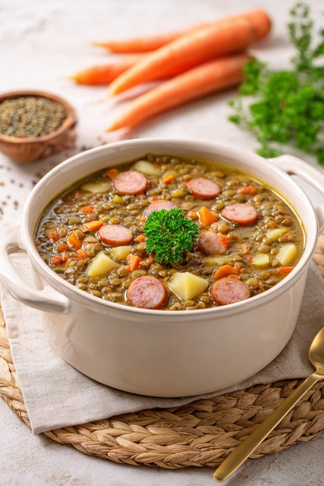 Herzhafte Linsensuppe mit Würstchen und Gemüse zubereiten image 2